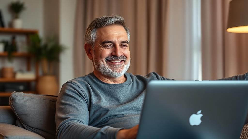 A mature man smiling while chatting on his laptop in a cozy home setting